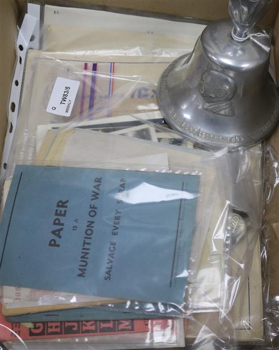 An RAF Benevolent Fund bell cast from a German aircraft, sundry WWII and later printed ephemera, ARP tunic buttons, etc.,